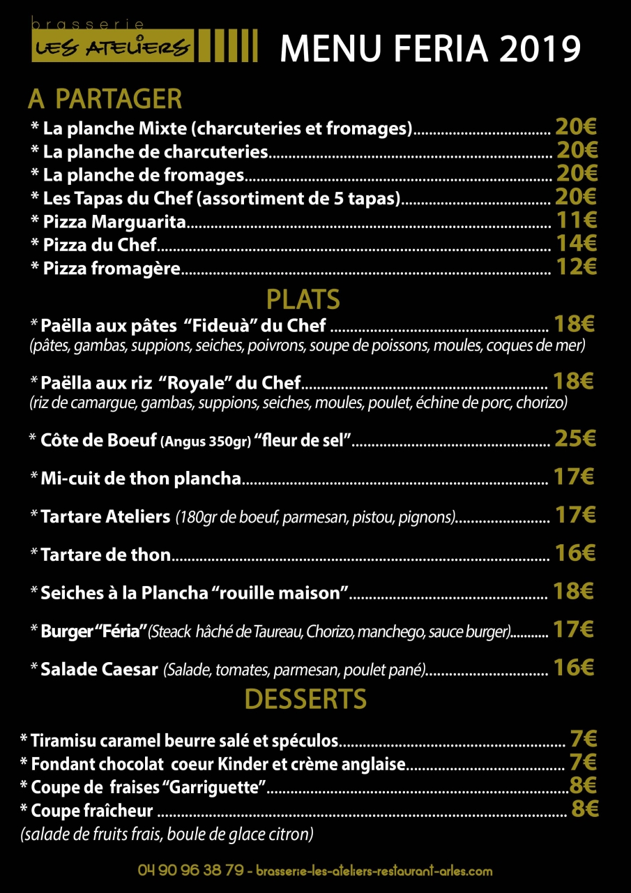 Menu Féria 2019 - Les Ateliers - Restaurant Arles - restaurant Français ARLES